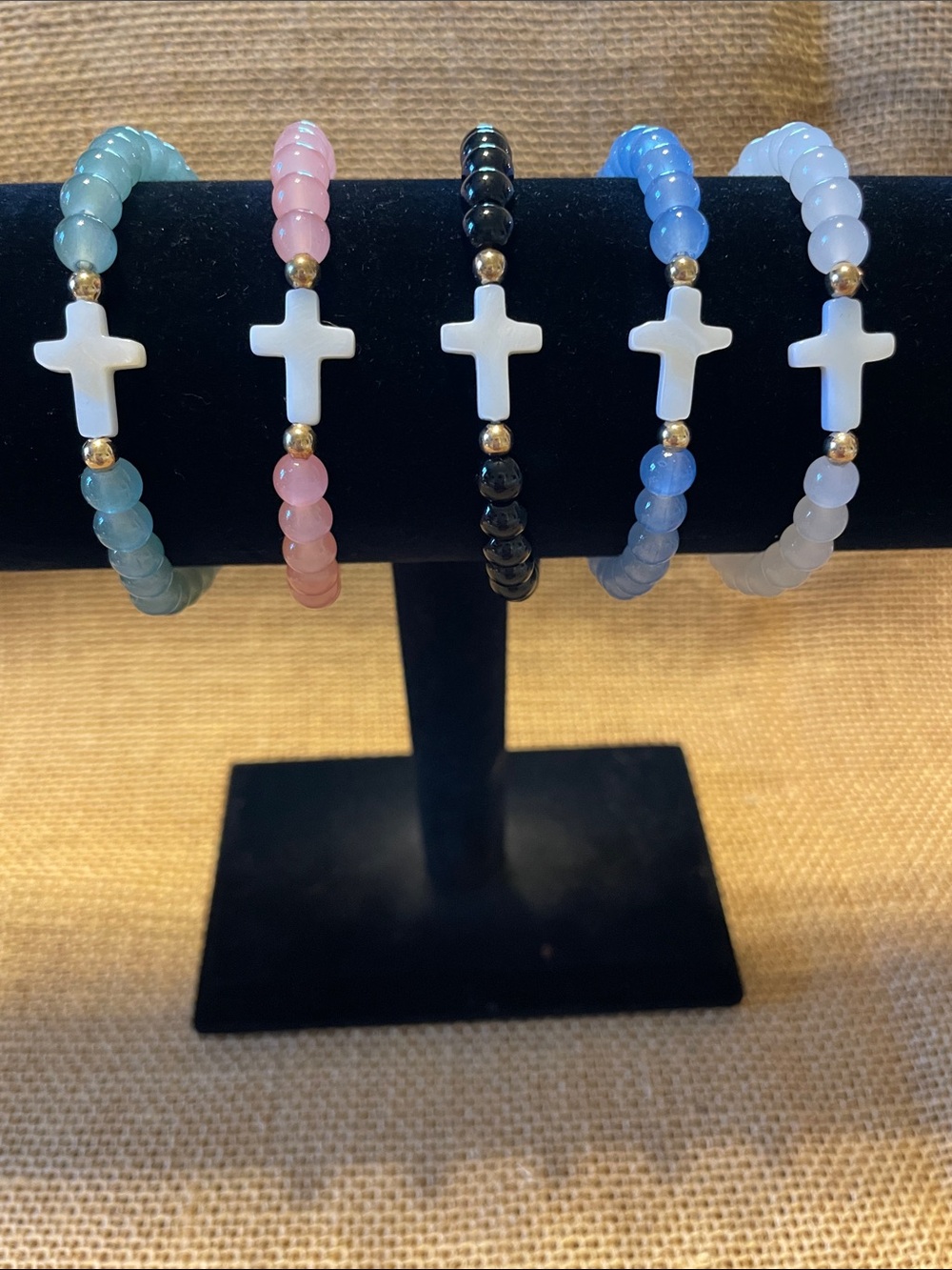 White Cross Stretch Bracelet - Pastel Green, Pink, Black, Blue, White
